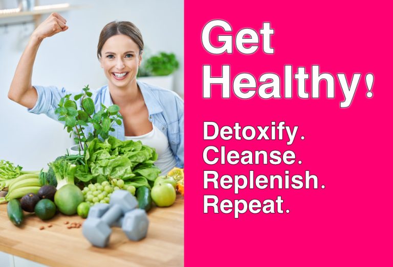 Healthy adult woman with green food in the kitchen